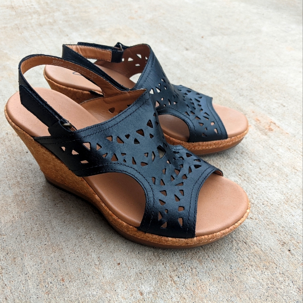 Clarks Black Platform Cork Heel Sandals size 7